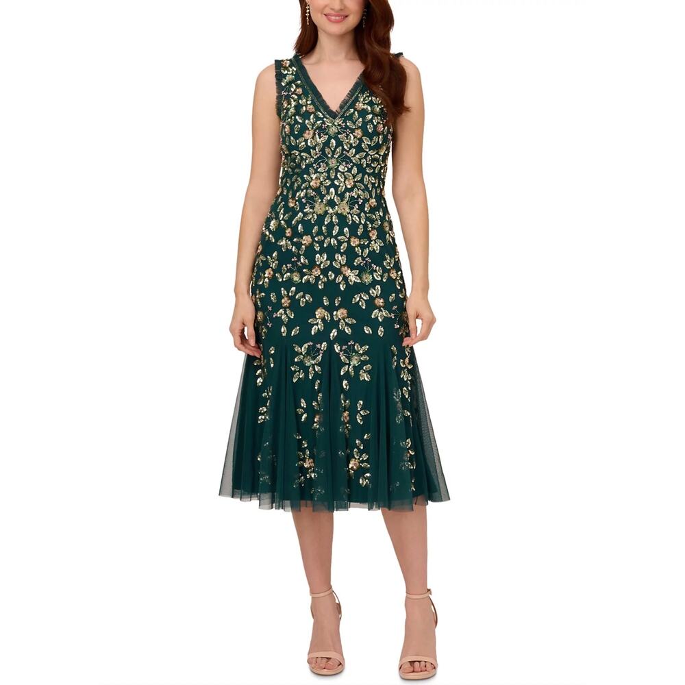 Adrianna Papell Green Sequined Cocktail Dress Sleeveless Midi A-Line Size 14